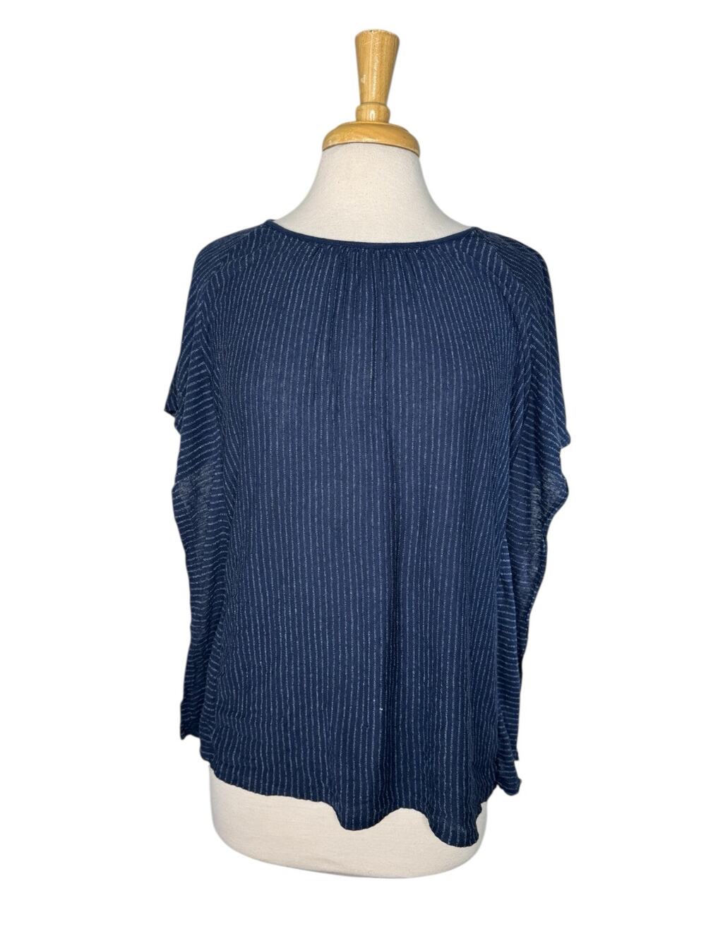 J.JILL Blue Stripe Flutter Ruffle Linen Blend Short Sleeve Top Size Small *READ*